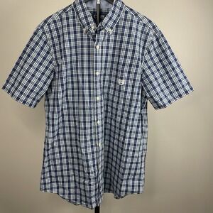 Chaps Easy Care Mens Sz M Short Sleeve Button Down Shirt Dark Blue,White Plaid